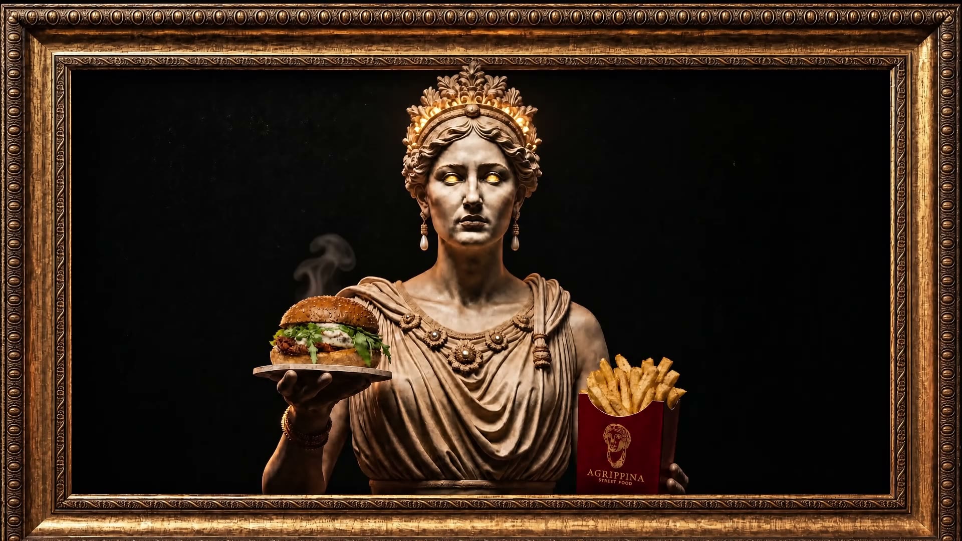 Mramorna carica Agrippina sa zlatnom krunom zagriza burger; u drugoj ruci drži pomfrit Agrippina Street Food