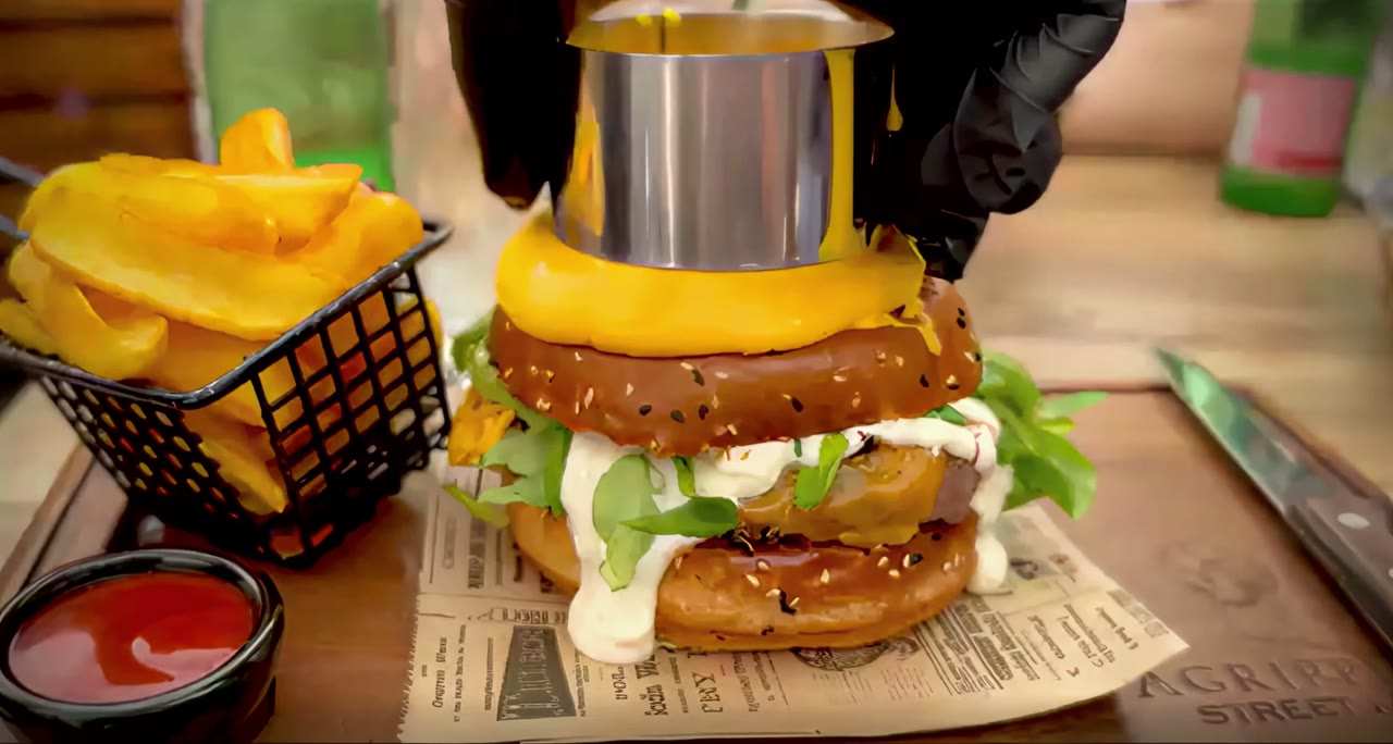 Ruka u crnoj rukavici drži čelični obruč nad burgerom — trenutak prije nego se rastopljeni cheddar slije preko cijelog burgera